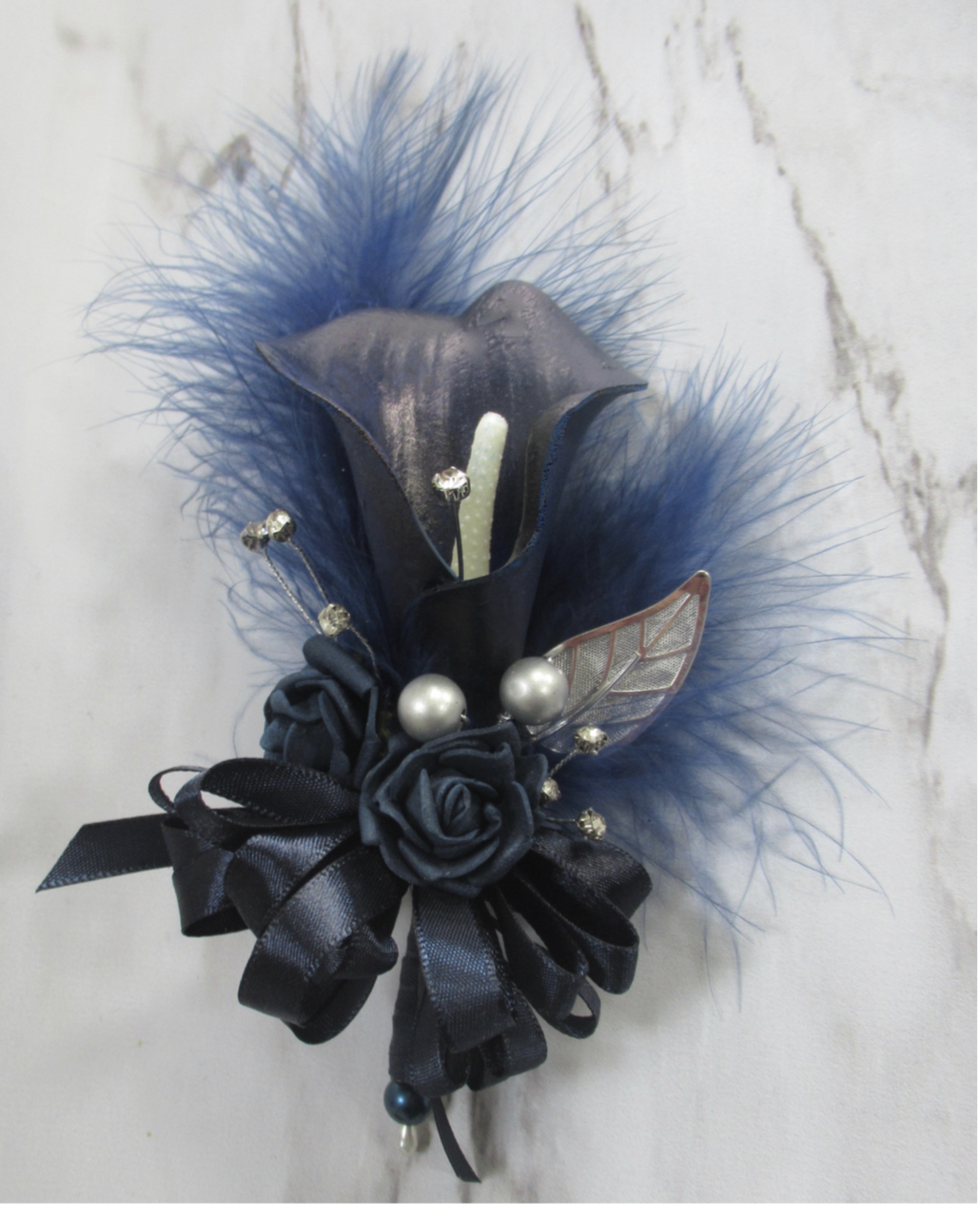dark navy wedding corsage, navy corsage for weddings, mother of the bride corsage
